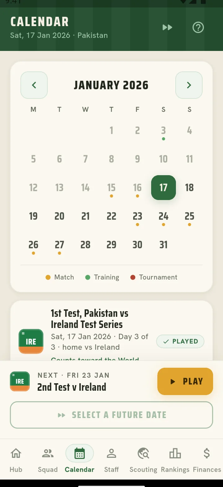 Calendar month view with matches and training marked