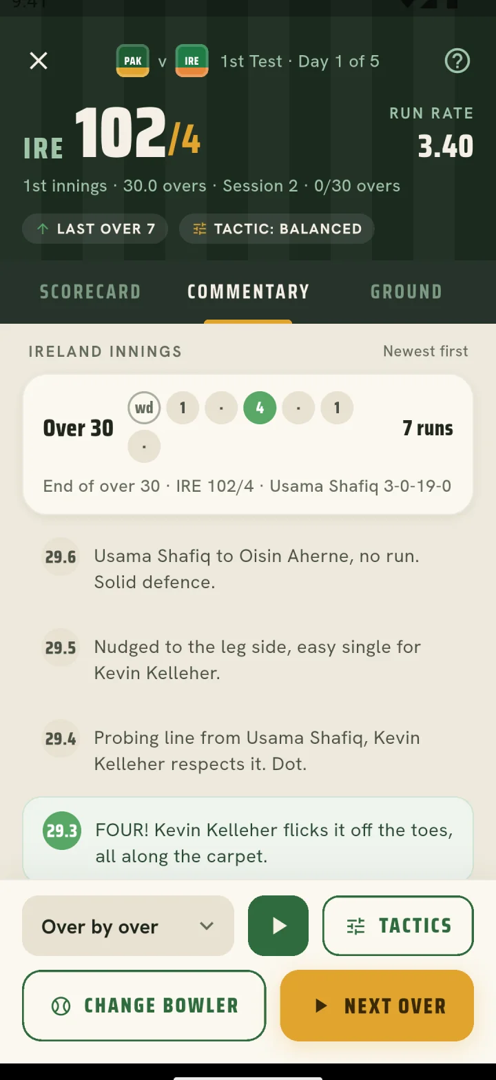 Ball by ball commentary grouped by over