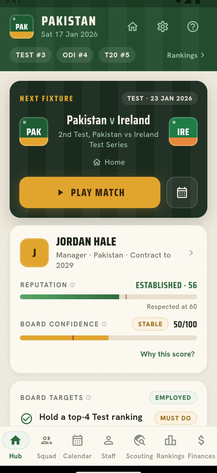 CricSim career hub for Pakistan, with the next Test against Ireland, the last result and the manager's reputation