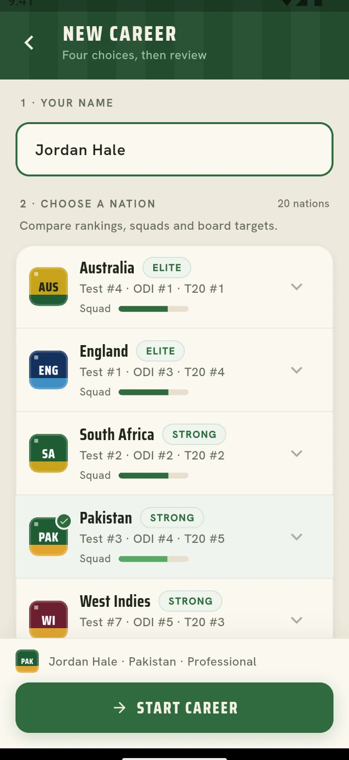 New career screen: choosing a nation, with Pakistan selected and each nation's world rankings and squad strength